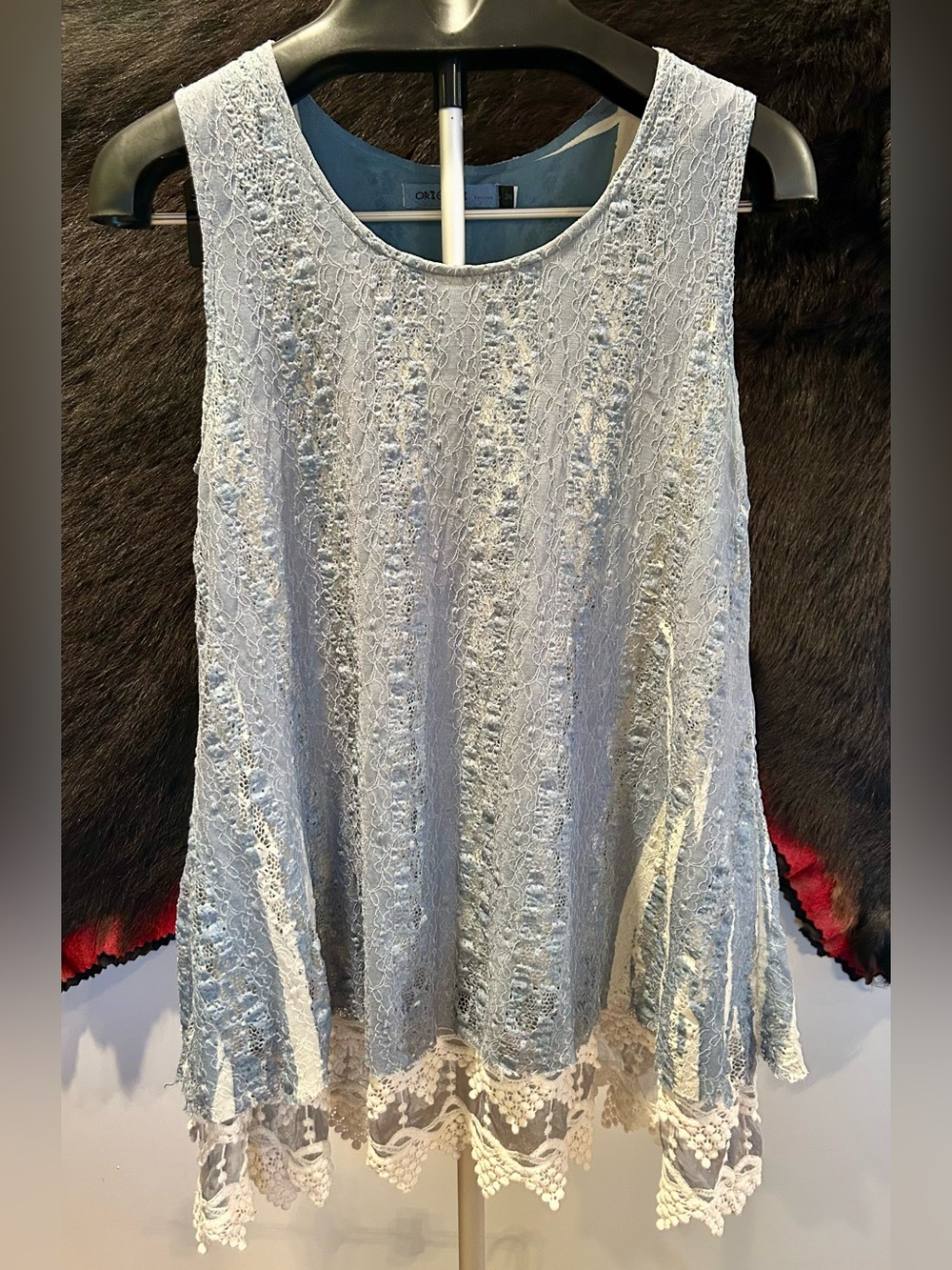 Origami Light Blue Lace Tank with Sheer Lace Hem Sz M